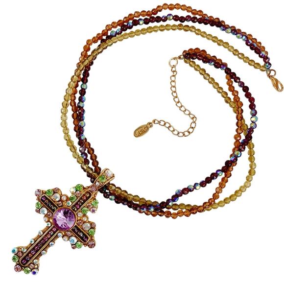 Colorful Glass Rhinestone Cross Christian Pendant Beaded Necklace Choker 16"-19" - Picture 12 of 12